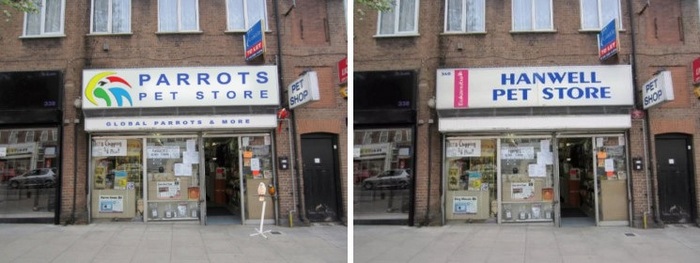 Подделка вывески несуществующего магазина. Слева - фотошоп, справа - реально существовавший магазин