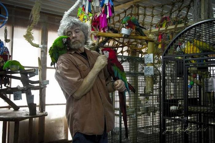 Майк Хатчинсон со своими попугаями в приюте