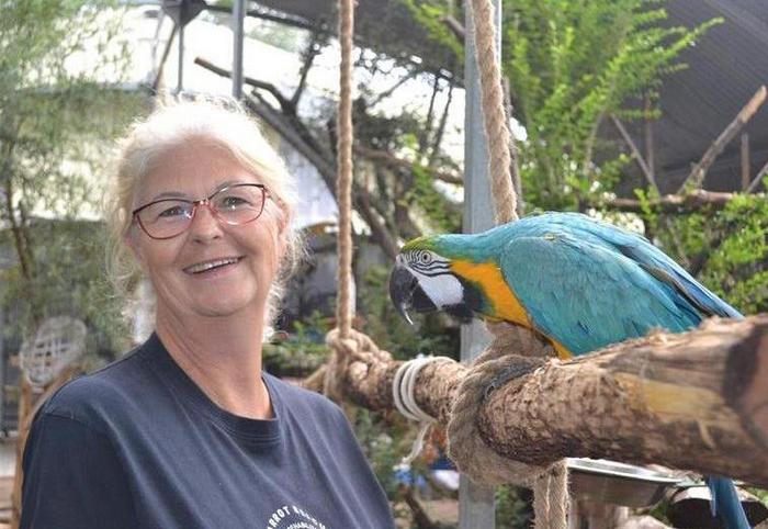 Ди Хендрикс вместе с сине-желтым арой в одном из вольеров реабилитационного центра для попугаев